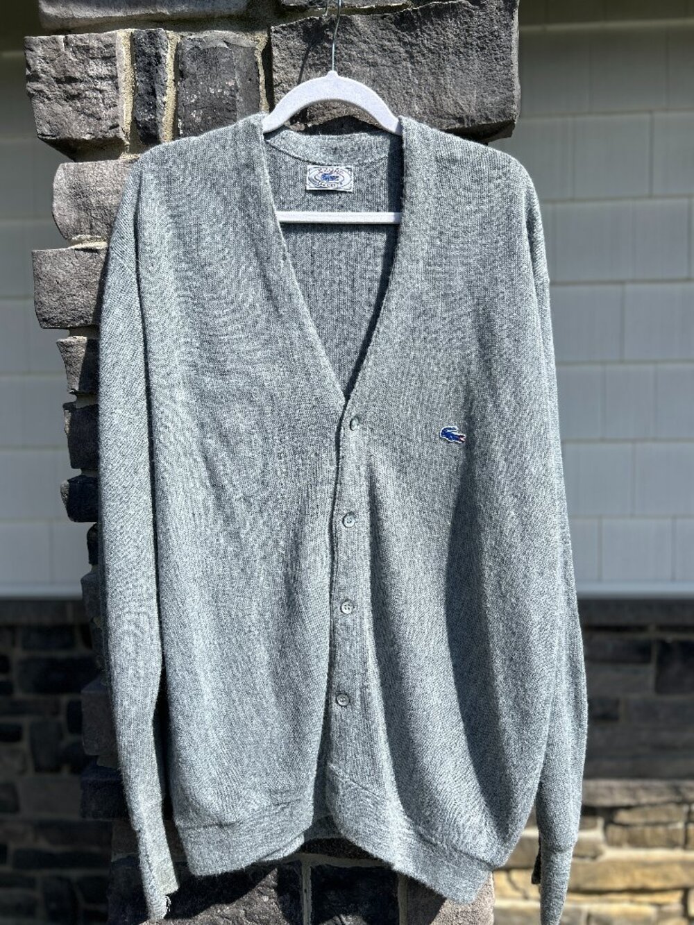 Vintage 80s Izod Lacoste Logo Knit Cardigan Sweater heather grey XL